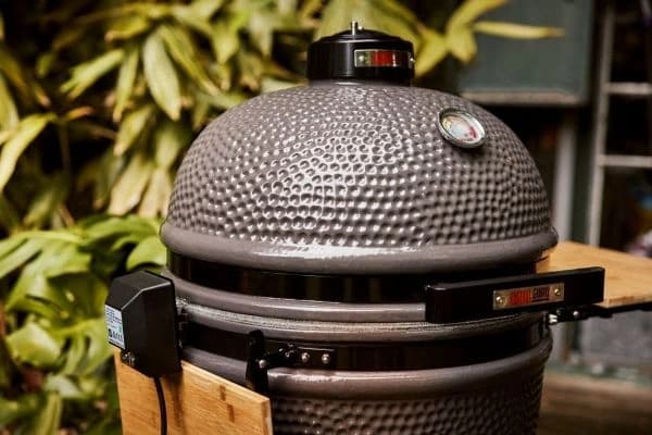 Gratar pe carbuni Grill Guru Original Medium cu frunze pe fundal.