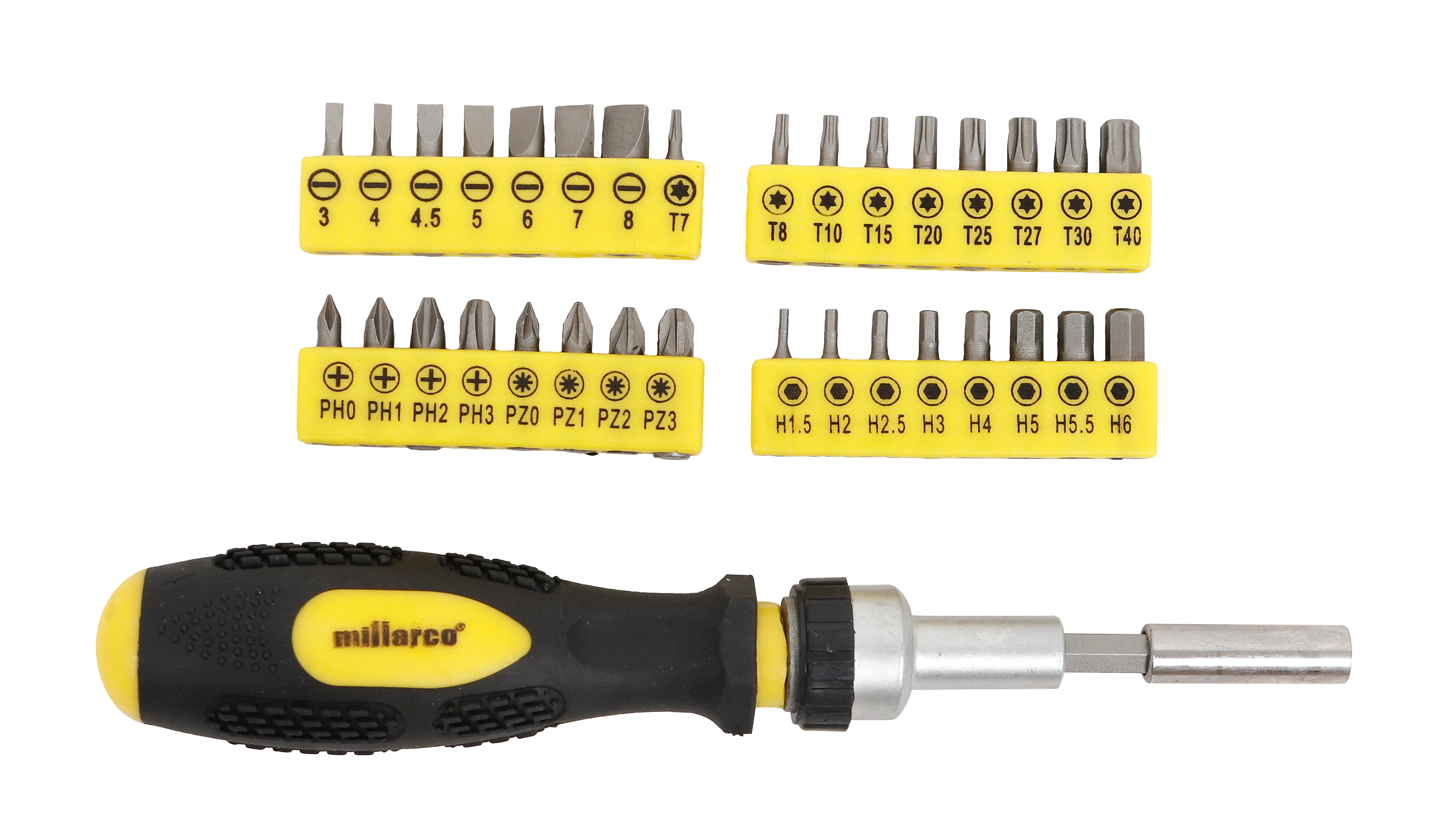Surubelnita cu clichet MillarcoÂ®, cu biti si capete, 46 piese
